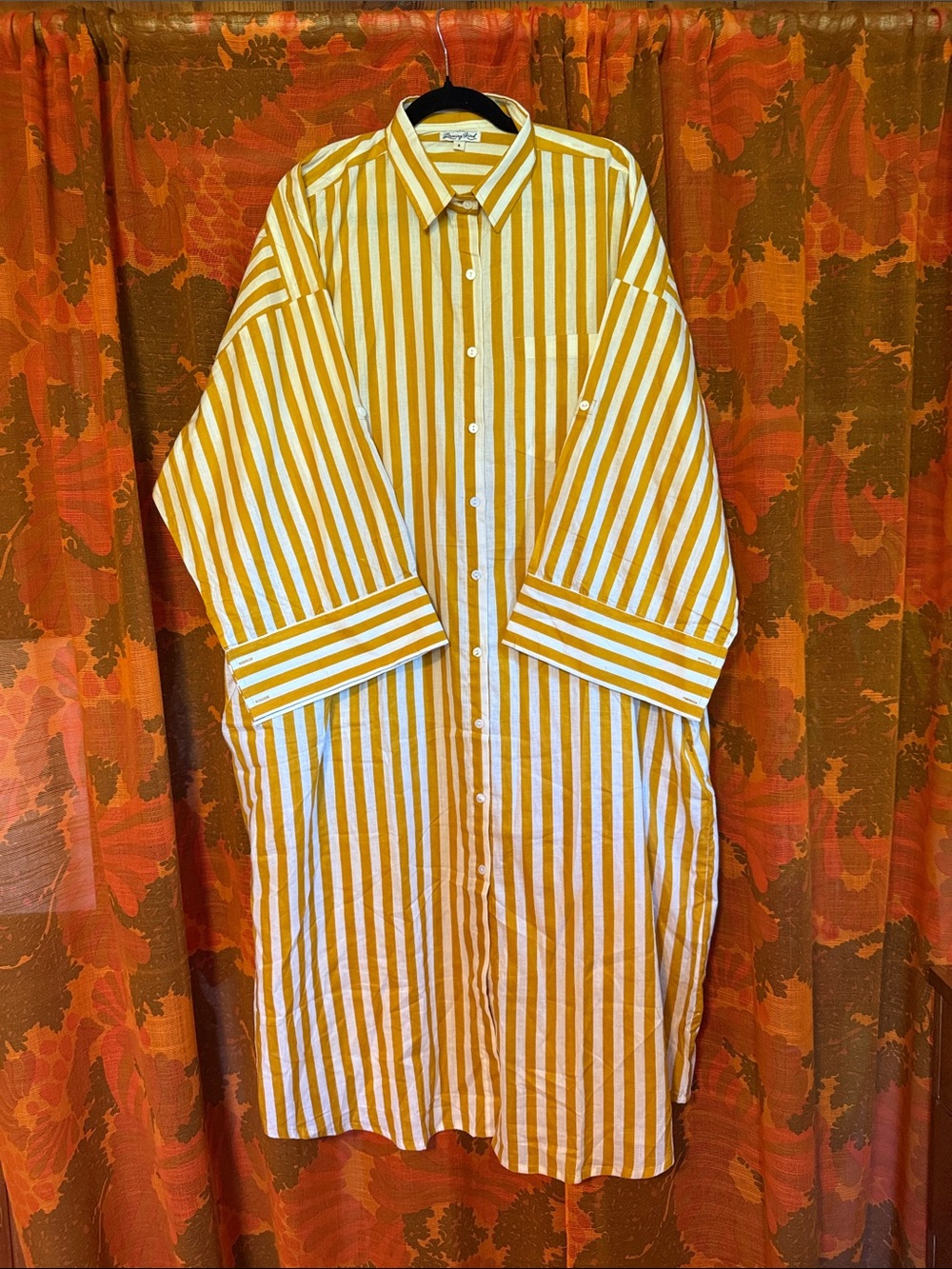 NWOT Striped Mustard & White Midi Shirt Dress - Relaxed Fit